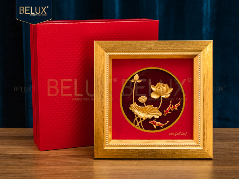 Tranh Cá Chép Hoa Sen Dát Vàng 24k 20x20cm